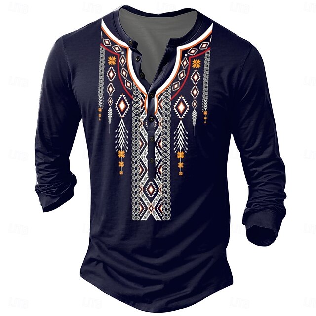 Men's Boho / Paisley / Damask T shirt Long Sleeve 3D Print Vintage Daily Summer Spring Fall Blue Henley Collar Henley T-Shirt4
