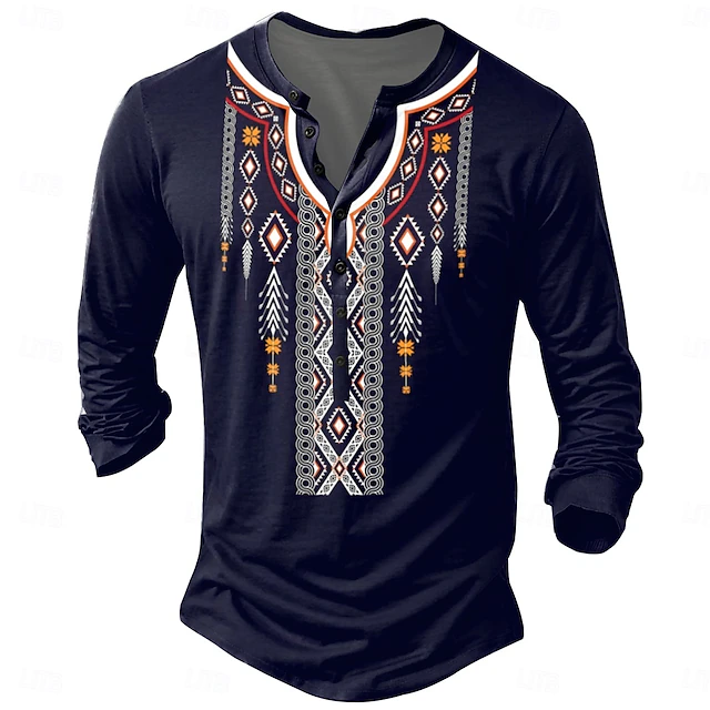 Men's Boho / Paisley / Damask T shirt Long Sleeve 3D Print Vintage Daily Summer Spring Fall Blue Henley Collar Henley T-Shirt4