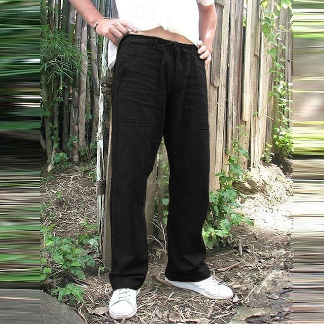  Homens Calças de linho Calças Calça verão Calças de praia Bolsos Com Cordão Design de cordão elástico Tecido Respirável Leve Comprimento total Ioga Ginásio Moda Roupa de rua Cinzento Claro cinzento