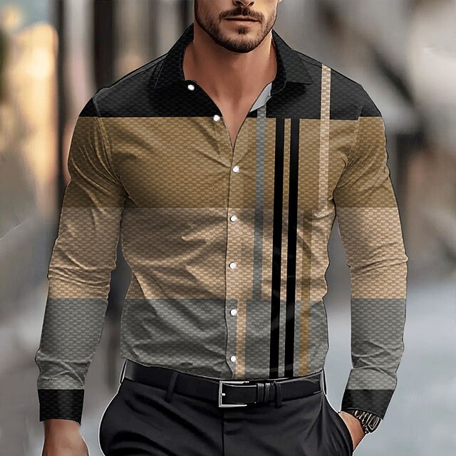  Men's Dress Shirt Button Up Shirt Color Block Business Daily Brown Long Sleeve Shirt Collar Fall Spring & Summer Clothing Apparel Button Up