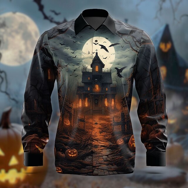 Halloween Men's Spooky Moon Halloween Costumes Button Up Shirt Long Sleeve Horror Party Evening Wear Fall Winter Spring & Summer Shirt Collar 3D Print Black4