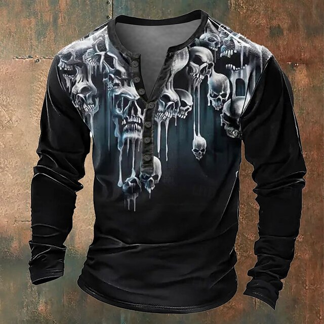  Cráneos Vacaciones Moda Diario Hombre Impresión 3D Henley Shirt Festivos Halloween Camiseta Negro Manga Larga Henley Camisa Verano Primavera Otoño Ropa Normal S M L XL XXL XXXL