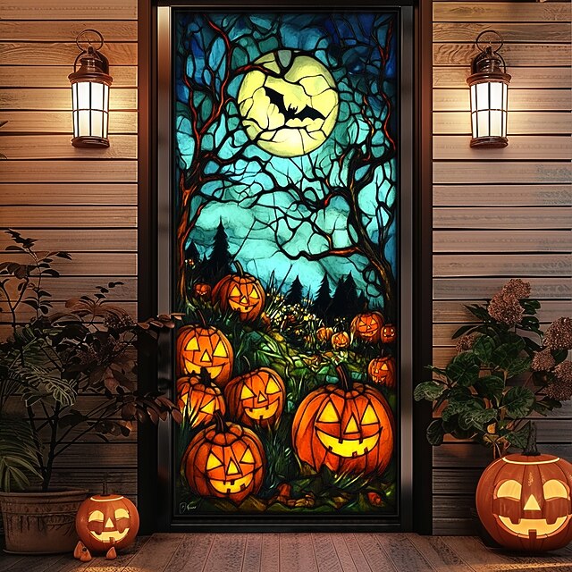 Halloween Door Decorations Halloween Door Covers Jack O Lantern Pumpkin Door Tapestry Door Curtain Decoration Backdrop Door Banner for Front Door Farmhouse Holiday Party Indoor Outdoor Decor Supplies 9