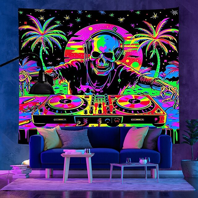 Halloween Blacklight Tapestry UV Reactive Glow in the Dark Glow Party Neon DJ Skulls Trippy Misty Hanging Tapestry Wall Art Mural for Living Room Bedroom 7