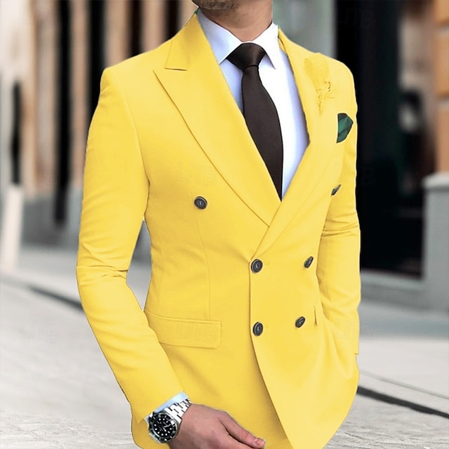  Herr Studenten Kavaj Företag Cocktailfest Bröllopsfest Mode Ledigt Vår & Höst Polyester Ensfärgat Knappar Ficka Bekväm Dubbelknäppt Blazer Ljusrosa Gul Rodnande Rosa Kungsblå