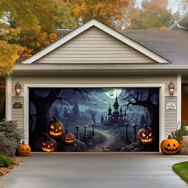 Halloween Door Decorations Outdoor Halloween Garage Door Cover Jack O Lantern Pumpkins Castle Banner Scary Forest Large Backdrop Decoration for Holiday Outdoor Garage Door Home Wall Decorations 31