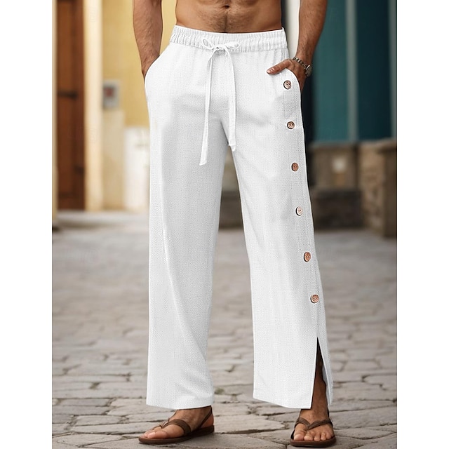  40% Linen Men's Linen Pants Trousers Summer Pants Drawstring Elastic Waist Side Button Plain Breathable Comfortable Office / Career Daily Vacation Classic Casual Black White