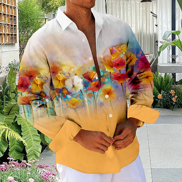Men's Floral Beach Shirt Button Up Shirt Long Sleeve Hawaiian Vacation Daily Fall Winter Spring & Summer Collared Shirts 3D Print Yellow Blue Purple 6