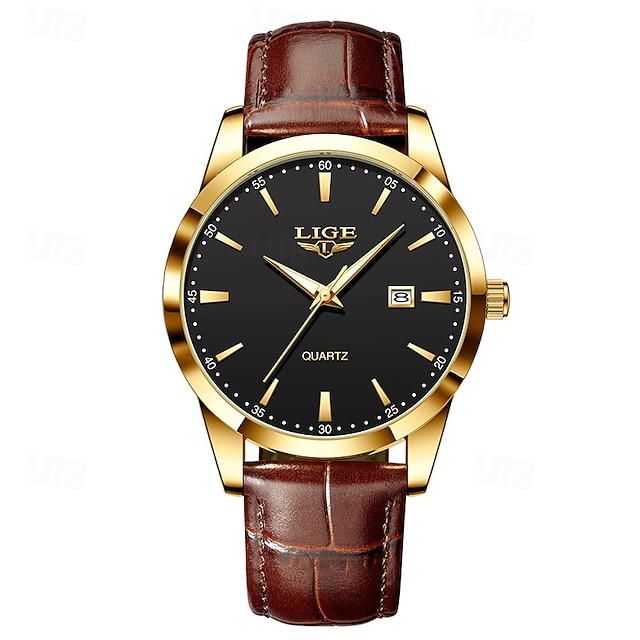  LIGE Men Quartz Watch Business Date Waterproof Leather Strap Watch
