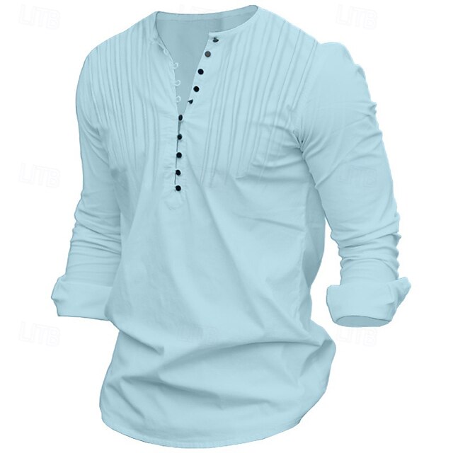 Men's Shirt Popover Shirt Summer Shirt Casual Shirt Band Collar Shirt Black White Blue Long Sleeve Plain Collar Vacation Daily Clothing Apparel Cotton Cotton Blend Fashion Casual Comfortable4