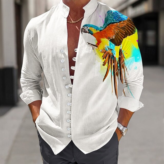 Men's Parrot Button Up Shirt Long Sleeve Hawaiian Vacation Beach Wear Summer Spring Fall Mandarin Collar Band Collar 3D Print White4