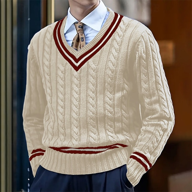  Per uomo Pullover Maglione Maglione Cavi Maglia Standard Lavorato a maglia Banda A V Contemporaneo moderno Natale Ufficio Abbigliamento Inverno Bianco Giallo M L XL