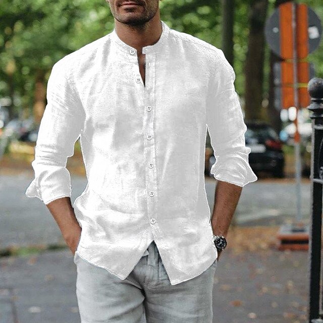 Men's Shirt Band Collar Shirt Summer Shirt Button Up Shirt Casual Shirt Black White Long Sleeve Plain Band Collar Daily Vacation Clothing Apparel Cotton Cotton Blend Fashion Casual Comfortable3