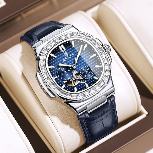  Orologio meccanico BINBOND da uomo Orologio da polso automatico creativo di moda business con calendario luminoso impermeabile in acciaio e pelle
