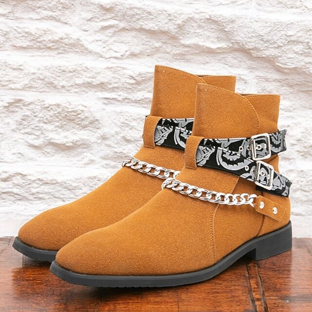 Men's Suede Ankle Boots with Skull Print Straps and Chain Detail - Stylish Western-Inspired Design for Casual and Festival Wear 15
