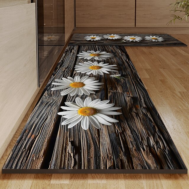  Wooden Daisy Pattern Kitchen Rug Area Rug Mat Non-Slip Oil Proof Floor Mat Livingroom Rug Indoor Outdoor Mat Bedroom Decor Bathroom Mat Entrance Rug Door Mat