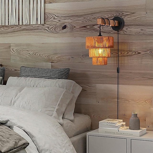  Lampada da parete in rattan a 3 livelli con cavo di alimentazione, applique da parete in rattan boho deco, applique da parete interna con spina per camera da letto comodino sala da pranzo soggiorno