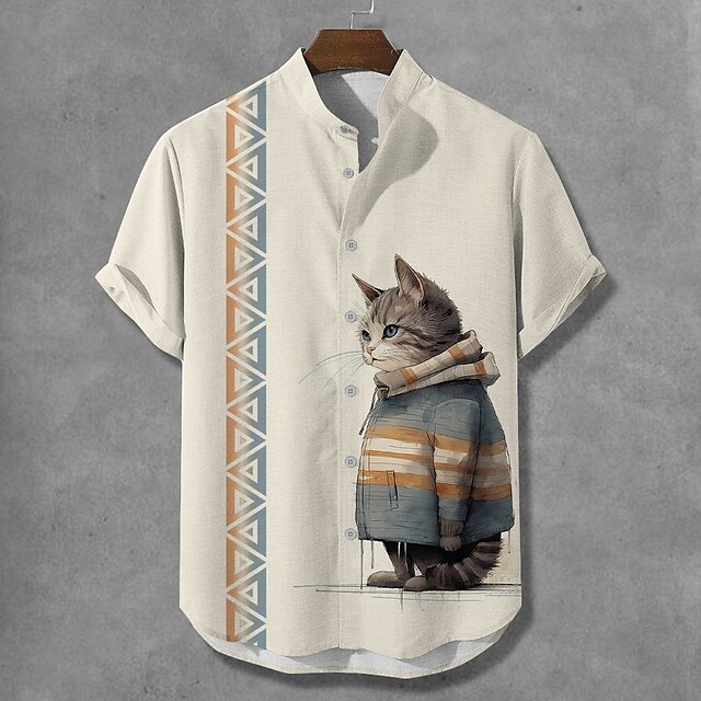 Men's Cat Button Up Shirt Short Sleeve Funny Vacation Summer Spring Grandad Collar Band Collar 3D Print Beige4