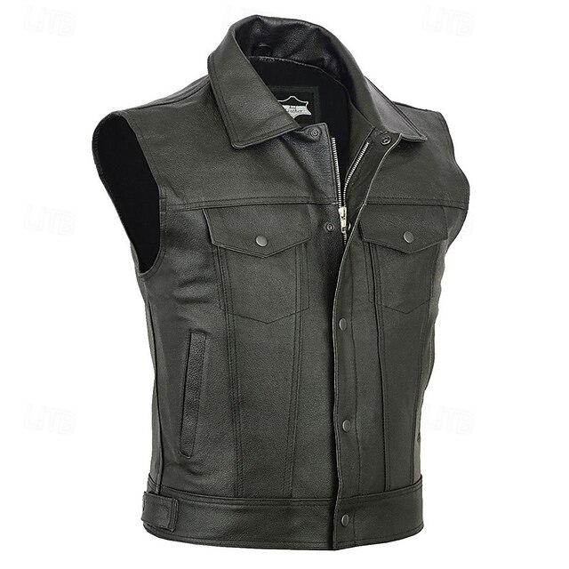 Men's Vest Gilet Daily Vacation Fashion Business Spring &  Fall Pocket Polyester Leather Comfortable Solid Color Zipper Lapel Regular Fit Black Vest4