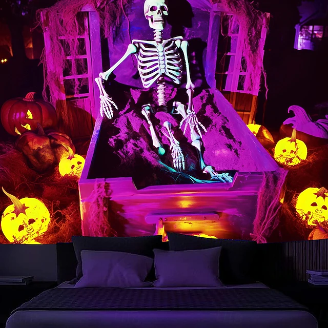Halloween Decorations Skeleton Blacklight Tapestry UV Reactive Glow in the Dark Glow Party Trippy Misty Pumpkin Lights Hanging Tapestry Wall Art Mural for Living Room Bedroom 9