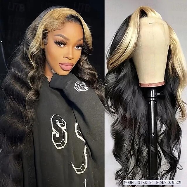  Parrucca frontale in pizzo colorato 13x4 1b/613 con parte libera, capelli brasiliani ondulati, densità 150% per donne nere, 10-28 pollici