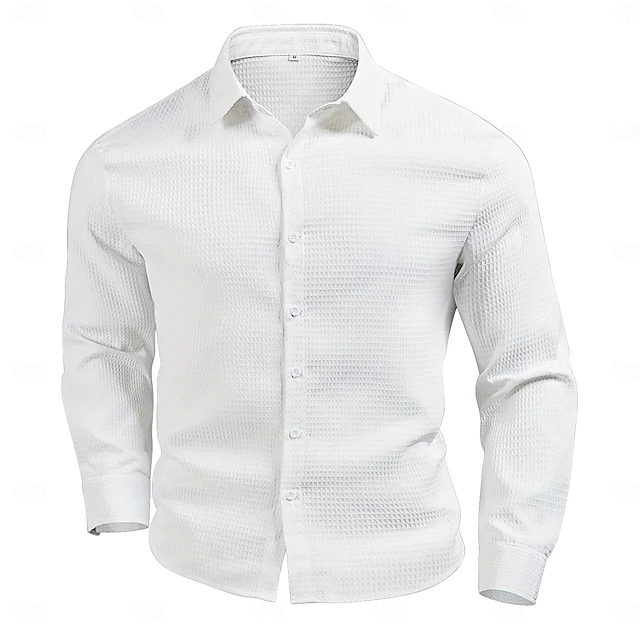 Men's Waffle Shirt Summer Shirt Casual Shirt Waffle Knit Shirt White Light Green Pink Dark Gray Apricot Long Sleeve Fashion Solid / Plain Color Turndown Vacation Holiday Clothing Apparel Cotton 10