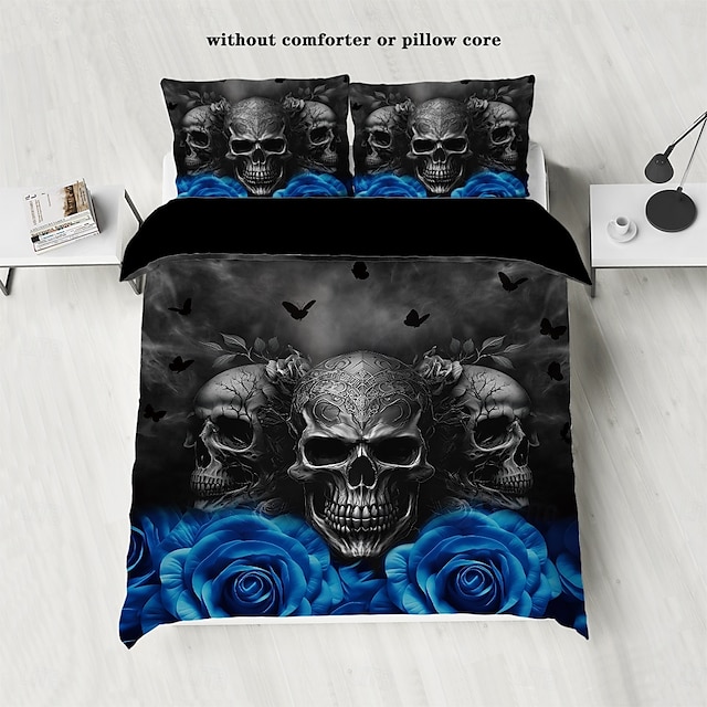  Gothic Cool Skull Floral Print 3-Piece Duvet Cover Set Bedding Set - Unique and Artistic Design - Includes Duvet Cover and Pillowcases - Soft and Durable Fabric - Perfect for Adding an Edgy Touch to Your Bedroom Decor