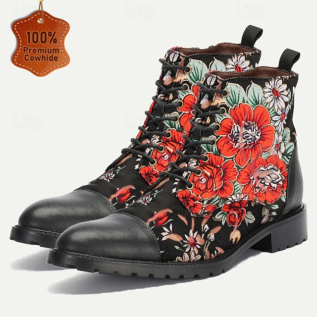 Men's Black Floral Combat Boots with Rugged Soles and Leather Toe Caps for Casual and Outdoor Wear 8