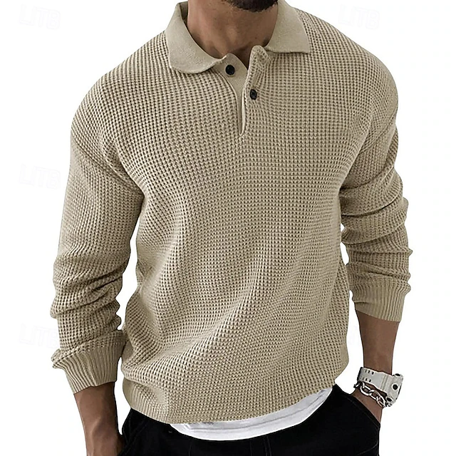 Men's Pullover Sweater Jumper Knit Sweater Ribbed Knit Regular Knitted Plain Lapel Fashion Basic Daily Wear Date Clothing Apparel Fall & Winter Black Khaki S M L 6