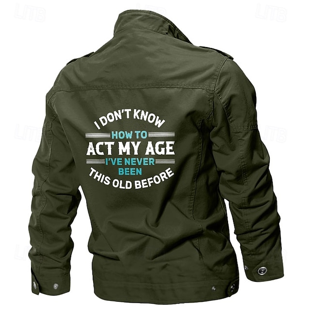  jaqueta militar bordada de algodão masculina, jaqueta cargo com alças, manga comprida, gola alta, casaco com vários bolsos, jaqueta caminhoneiro, estampa act my age, agasalho tático