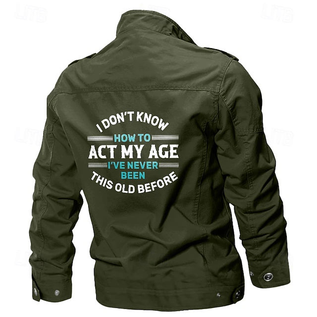 Men's Cotton Embroidered Military Jacket Cargo Jacket with Shoulder Straps Long Sleeve Standing Collar Multi-Pockets Coat Trucker Jacket Act My Age Print Tactical Outerwear 5