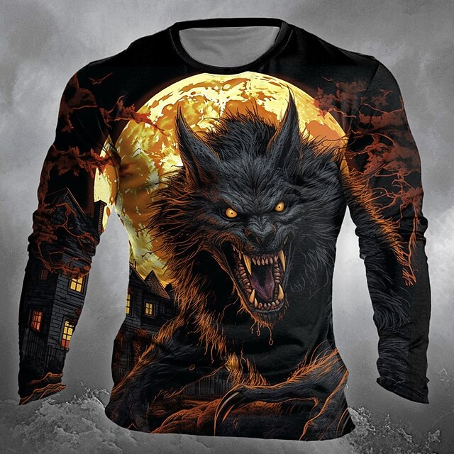 Halloween Men's Werewolf T Shirt Long Sleeve T shirt 3D Print Crew Neck Shirt Designer Retro Vintage Street Casual Daily Black Summer Spring Fall Clothing Apparel S M L XL XXL XXXL4