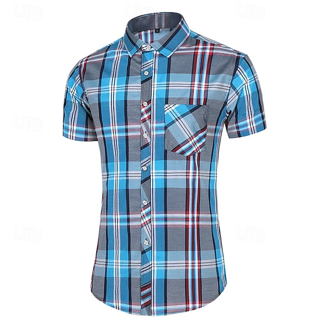 Men's Shirt Dress Shirt Button Up Shirt Plaid Party Work Red Blue Orange Light Sky Blue Short Sleeve Lapel Summer Clothing Apparel Front Pocket 15