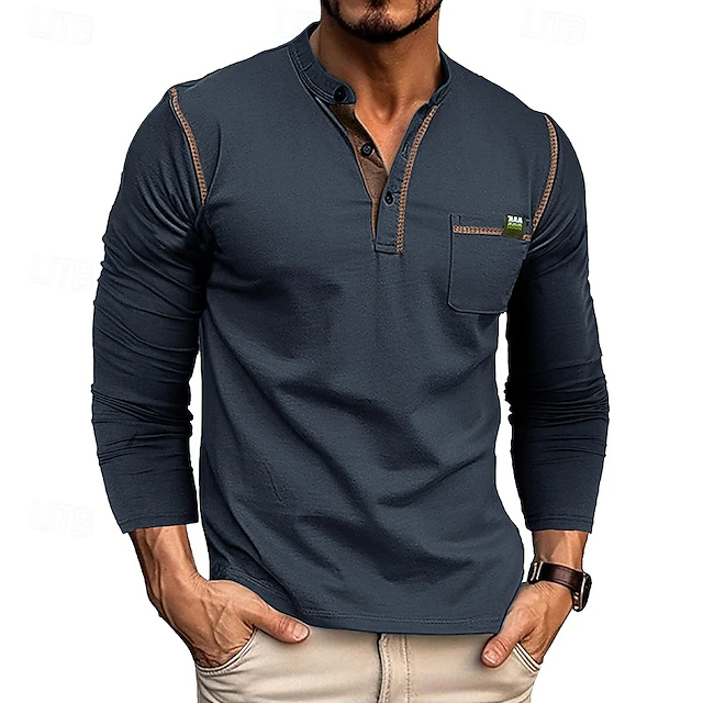 Men's Button T Shirt T Shirt Henley Shirt Tee Long Sleeve Henley Spring & Fall Color Block Fashion Designer Basic Patchwork Vacation Street Going out Black White Wine Top Tee for Men 22