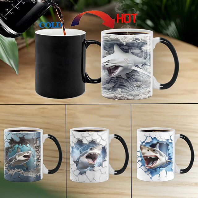  Taza que cambia de color, taza de café de cerámica con ilusión 3D que cambia de color con forma de tiburón, taza de café sensible al calor de 11 oz que cambia de color, linda taza de regalo de