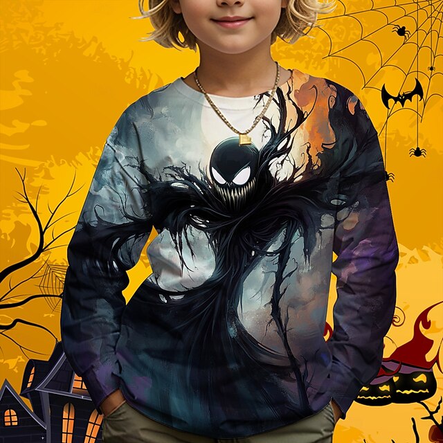 Halloween Boys 3D Graphic Skull Sweatshirt Long Sleeve Spring Fall Fashion Basic Polyester Kids 4-12 Years Crew Neck Outdoor Casual Daily Regular Fit2
