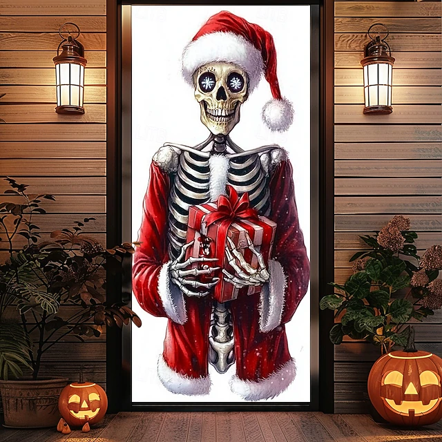 Halloween Christmas Door Decorations Halloween Door Covers Skeleton Door Tapestry Tree Door Curtain Decoration Backdrop Door Banner for Front Door Farmhouse Holiday Party Decor Supplies 10