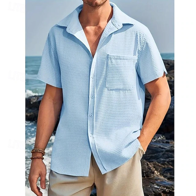 Men's Waffle Shirt Summer Shirt Casual Shirt Waffle Knit Shirt Black White khaki Beige Light Blue Short Sleeve Textured Fashion Solid / Plain Color Turndown Vacation Holiday Pocket Clothing Apparel 15