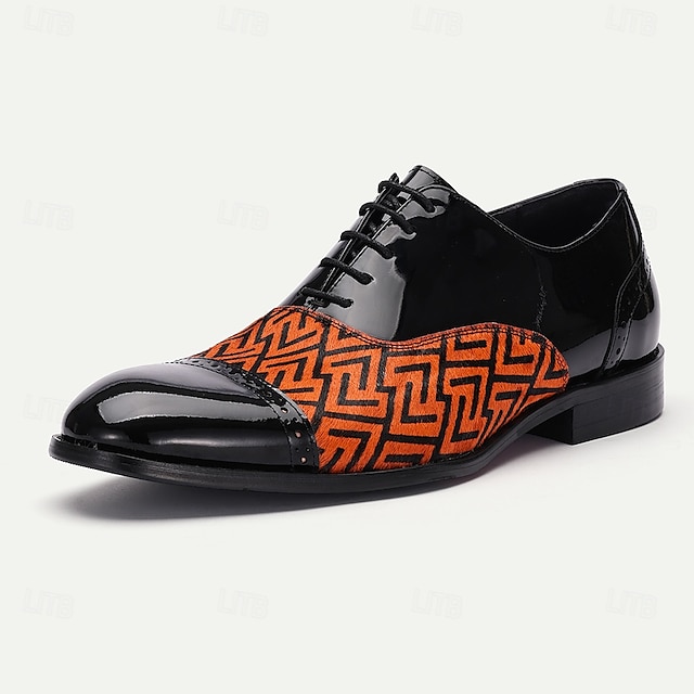  Sapatos sociais masculinos de couro de vaca envernizado preto e pelo de pônei com padrão geométrico - sapatos oxford elegantes para eventos formais