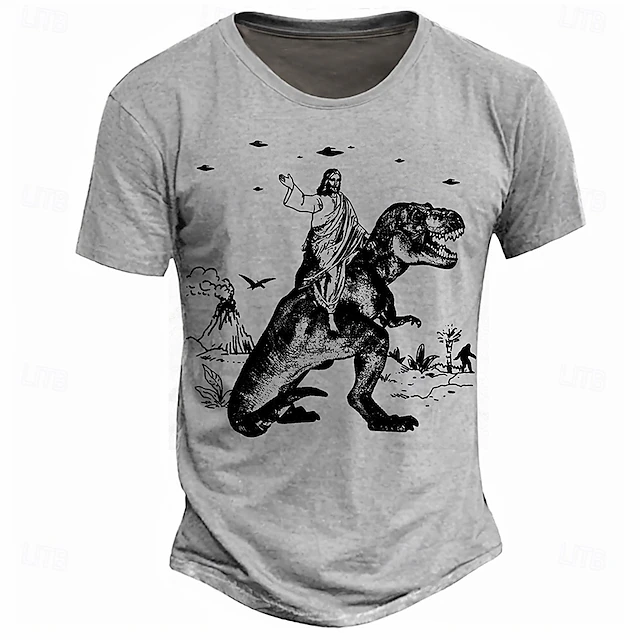 Men's Funny Jesus Riding T-Rex Graphic T-Shirt with UFO & Bigfoot Print - Absurd Grey Short Sleeve 6