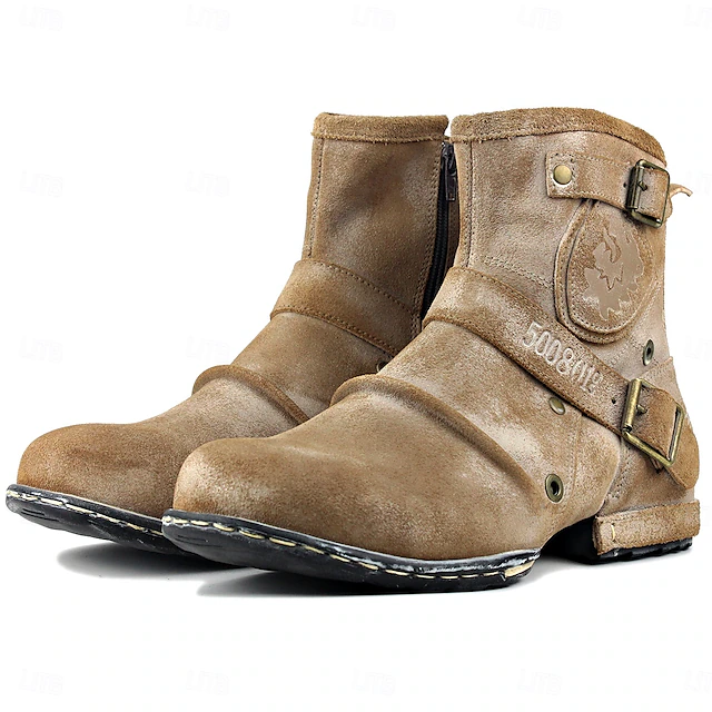 Men's Distressed Suede Leather Motorcycle Boots with Vintage Buckle Straps - Rugged Biker Style 10