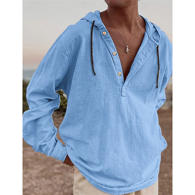 Men's Shirt Summer Shirt Beach Wear Casual Shirt Blue Green Beige Long Sleeve Plain Hooded Daily Vacation Front Pocket Clothing Apparel Fashion Casual Comfortable 6