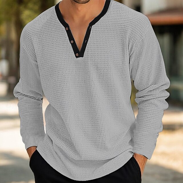  Bărbați Cămașă Henley Waffle Tee Top Tricou cu maneca lunga Culoare solidă În V În aer liber Casual Manșon Lung Peteci Buton Îmbrăcăminte Modă Designer Comfortabil