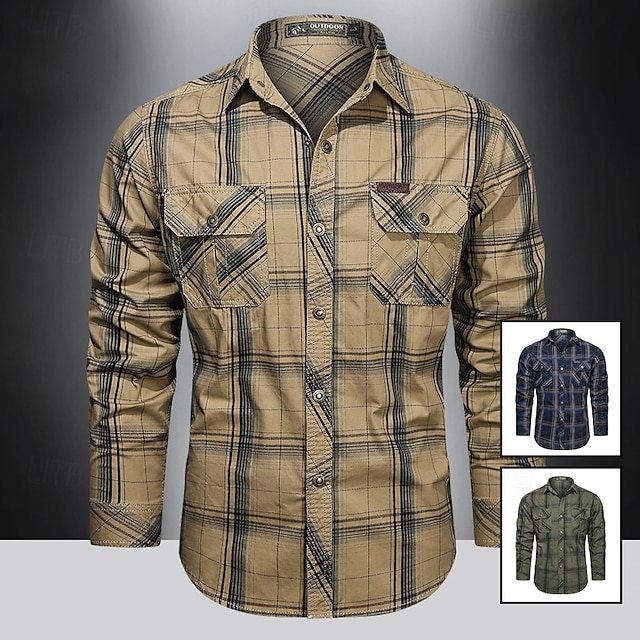  Herren Hemd Arbeitshemden Lässiges Hemd Knopfhemd Kaki Armeegrün Dunkelblau Langarm Plaid Kargen Urlaub Festtage Vordertasche Bekleidung Polyester Modisch Brautkleider schlicht Komfortabel