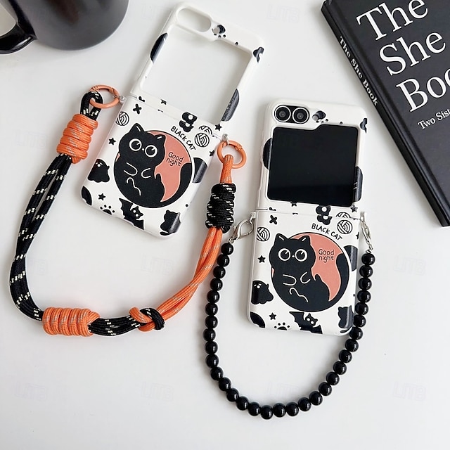  telefono Custodia Per Samsung Galaxy Capovolgi Z 6 Z Flip 5 Z Flip 4 Z Flip 3 Per retro con cinturino da polso Resistente agli urti Cartoni animati Gatto TPU PC