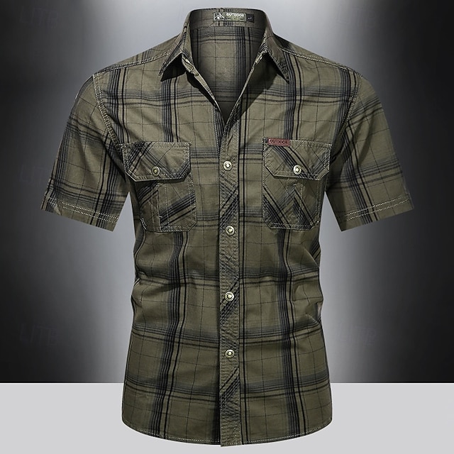  Voor heren Overhemd Werkkleding shirts Werkhemden Overhemd met knopen Cargoshirt khaki Leger Groen Donkerblauw Korte mouw Ruitjes Revers Vakantie Feestdagen Voorvak Kleding Polyester Modieus Casual