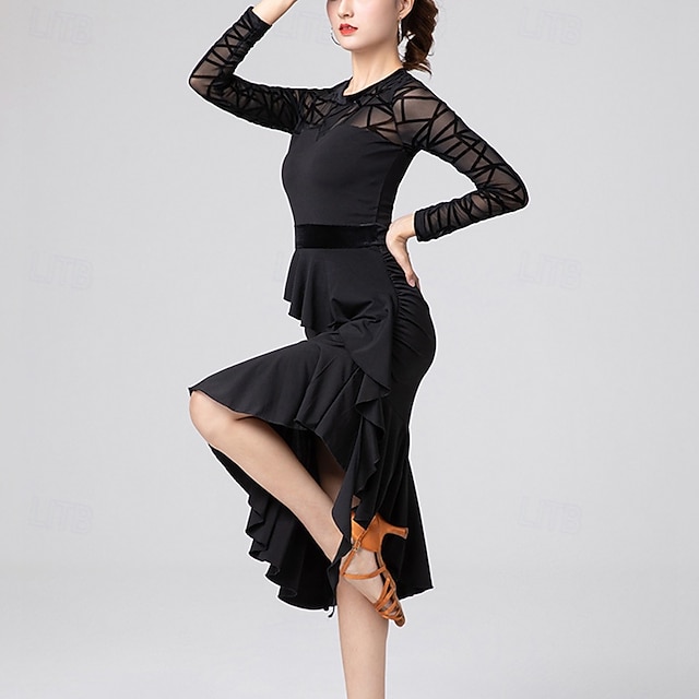 Latin Dance Dress Ruffles Pure Color Splicing Women's Performance ...