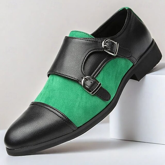 Men's Green and Black Monk Strap Dress Shoes with Double Buckles - Stylish Suede and Faux Leather Formal Footwear 13