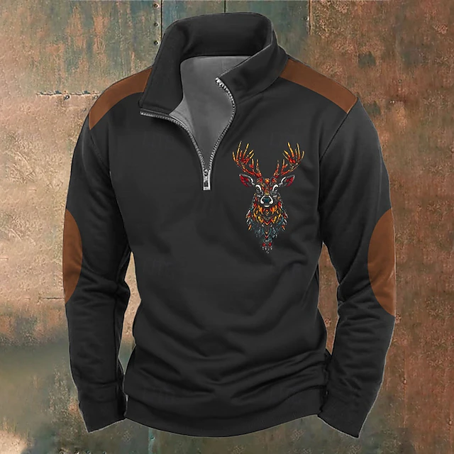Men's Cow Print Hunting Sweatshirts Quarter Zip Sweatshirt Long Sleeve Sweatshirt Stand Collar Vintage Retro Western Cowboy 3D Printing Hunting Zipper Winter Spring & Fall 5