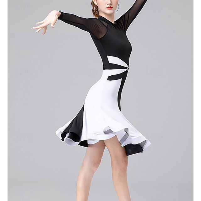 Ballroom Dance Dress Splicing Tulle Women's Training Performance Long Sleeve High Tulle Polyester